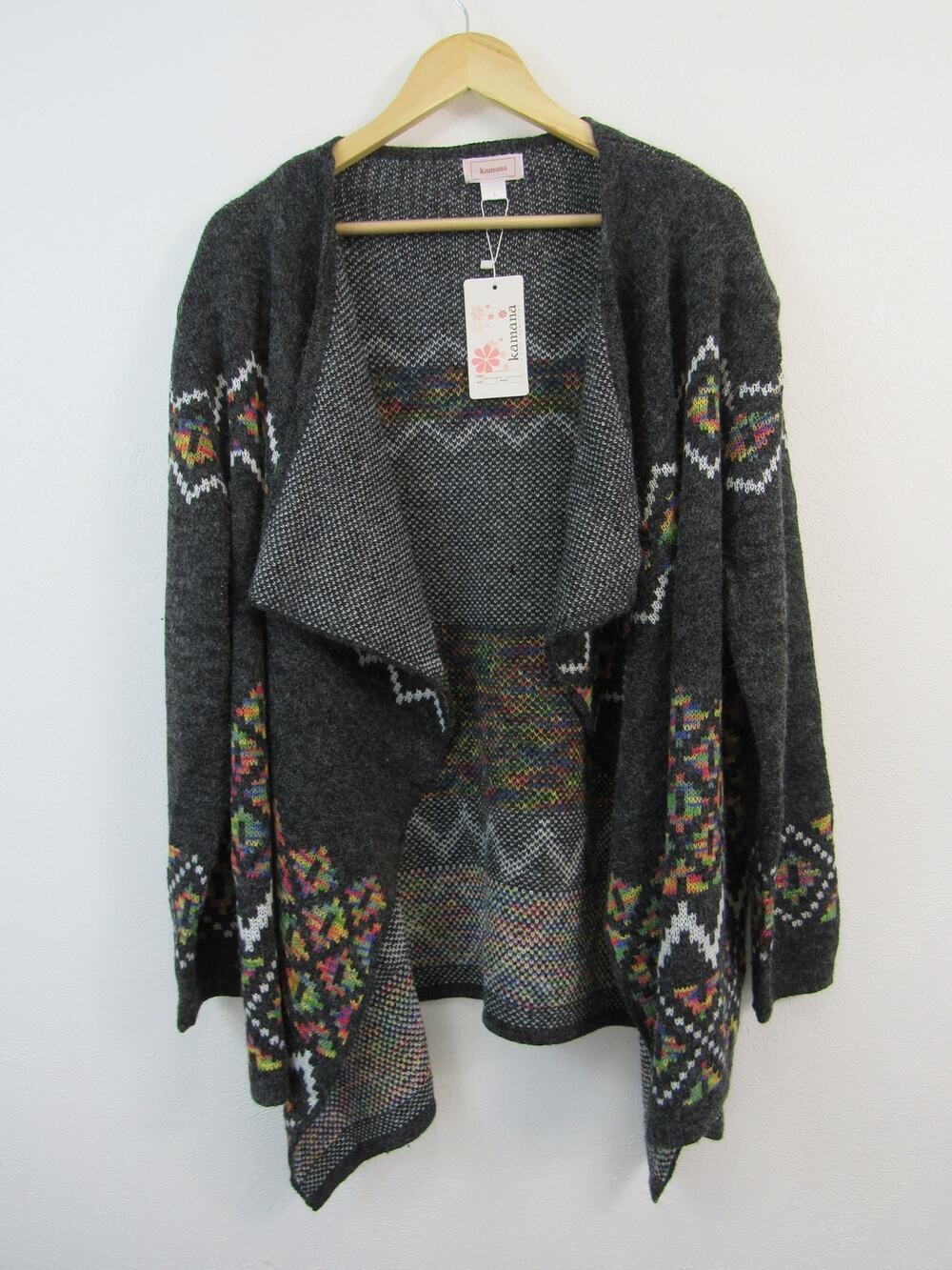 NWT Kamana Large Dark Gray Geometric Patterned Open Front Sweater Cardigan